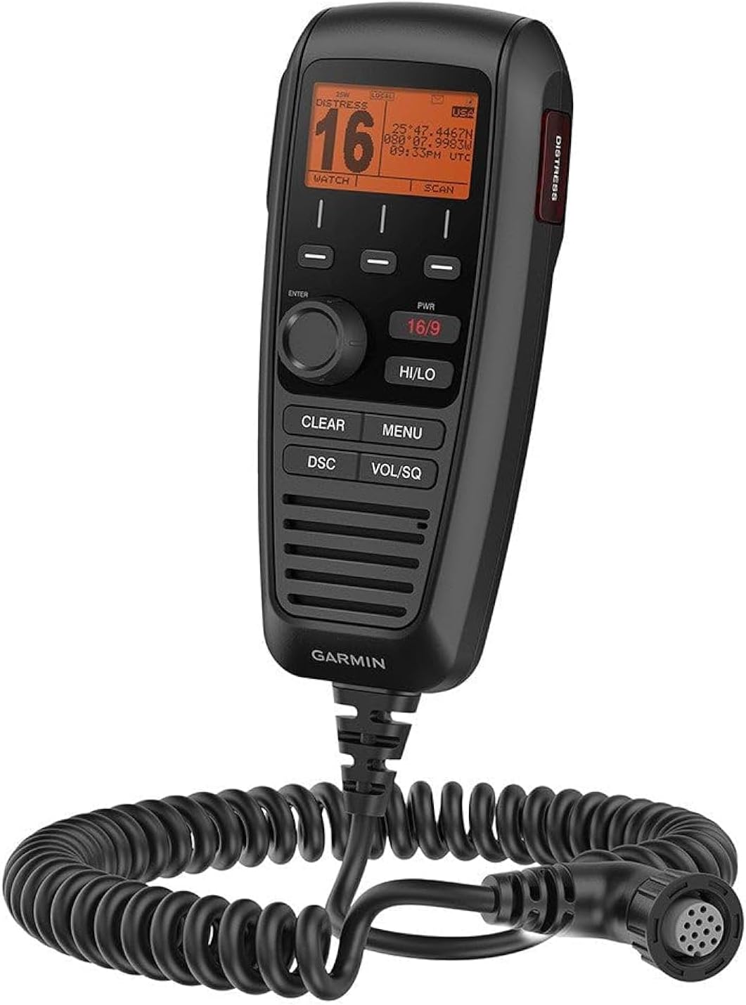 Handheld radio control unit with coiled cord (walkie or CB-style)
