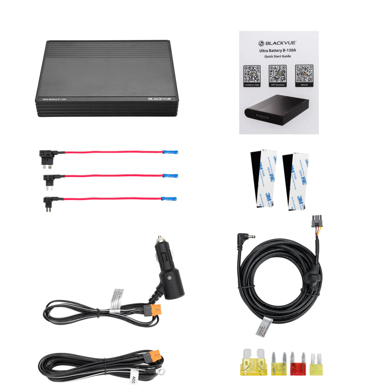 BlackVue car kit with battery, cables, and connectors on a white background