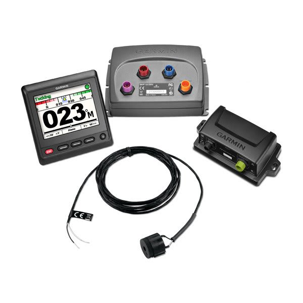Garmin marine instruments including a display, control panel, and cable