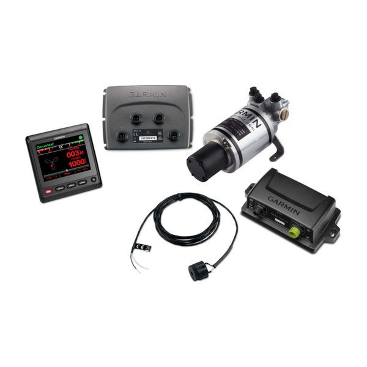 Garmin marine equipment including a display, control panel, pump, and sensor on a white background.