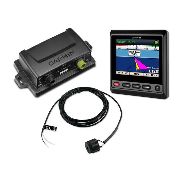 Garmin marine navigation system with display and cable on a white background