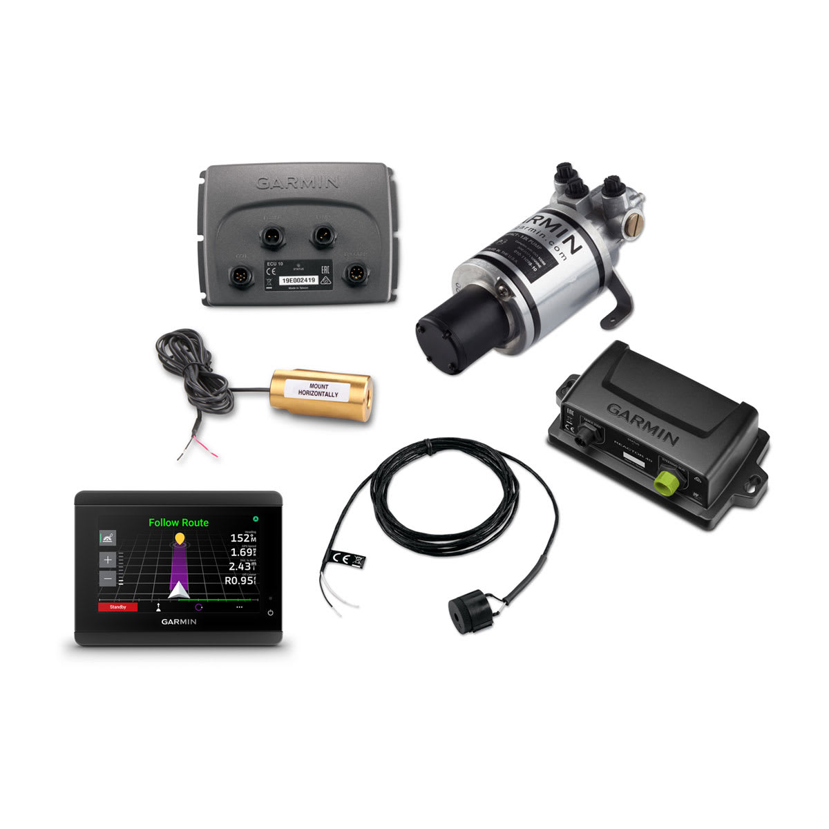 Collection of Garmin marine equipment including a display, pump, and other components on a white background.