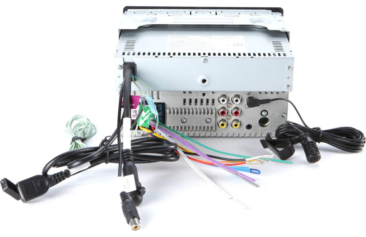 Back of an electronic device with connected cables and wiring.