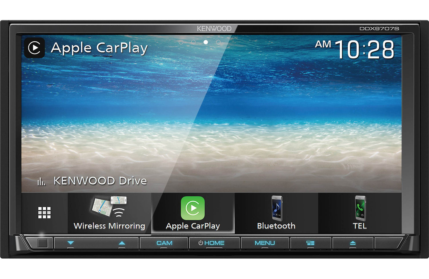 Car stereo system with touchscreen displaying Apple CarPlay