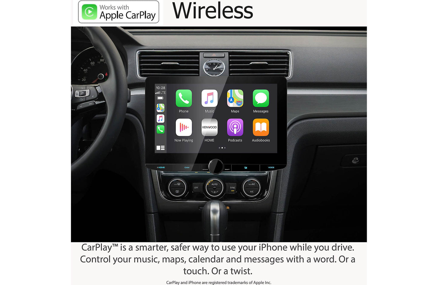 Car dashboard with wireless Apple CarPlay system display.
