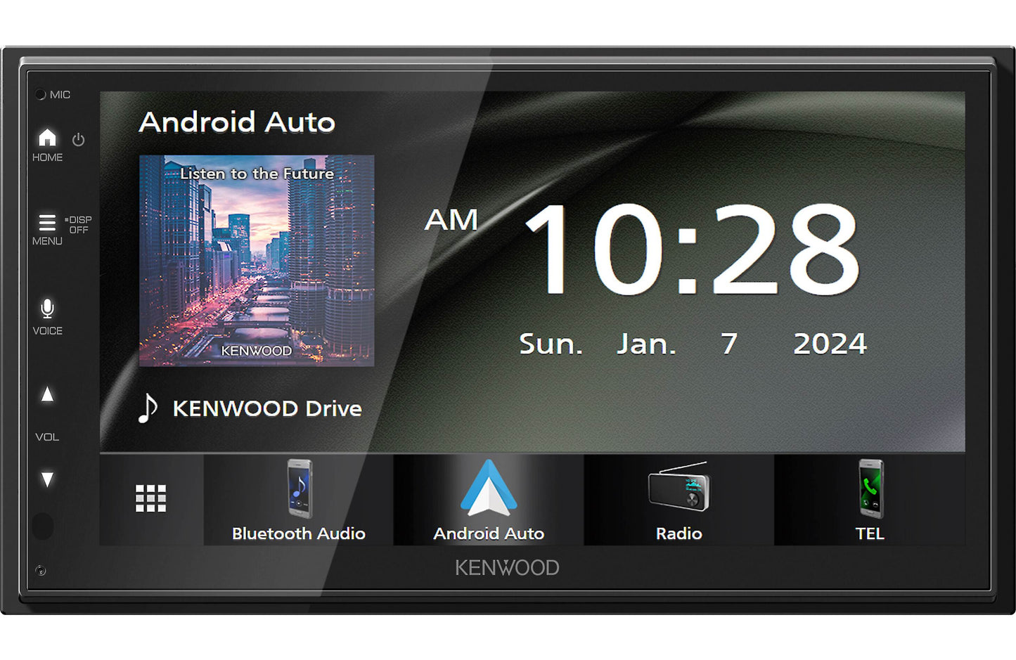Car stereo system with touchscreen displaying Android Auto and time.