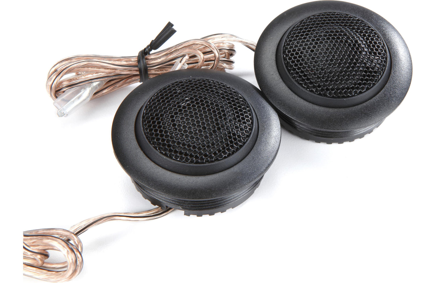 Two black car speakers with wiring on a white background