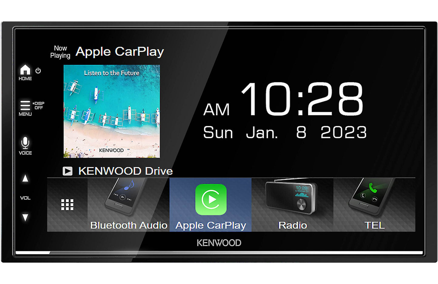 Car stereo system display with Apple CarPlay interface.