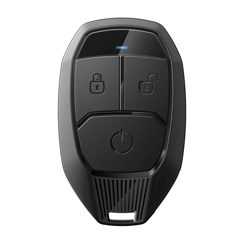Black car remote key fob with power, lock, and unlock buttons on a white background