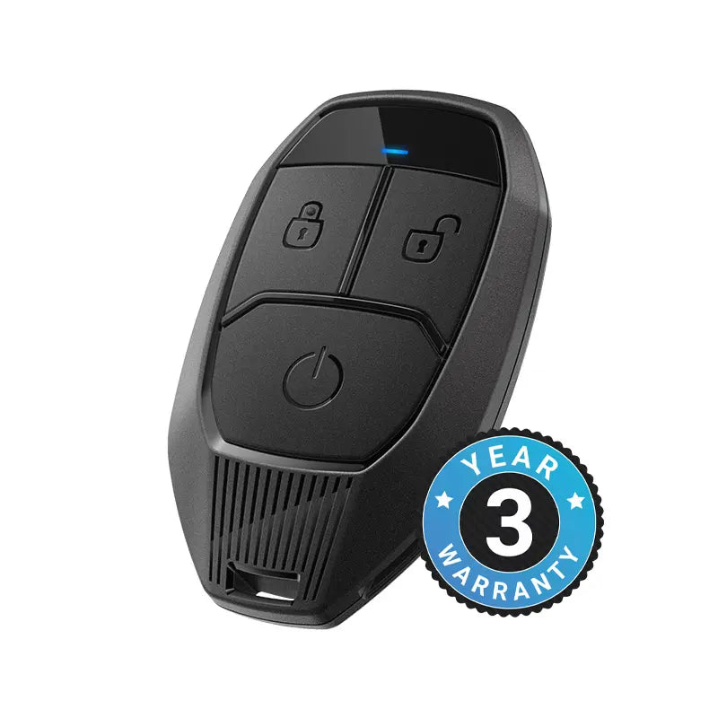 Black car key fob with a 3-year warranty badge on a white background