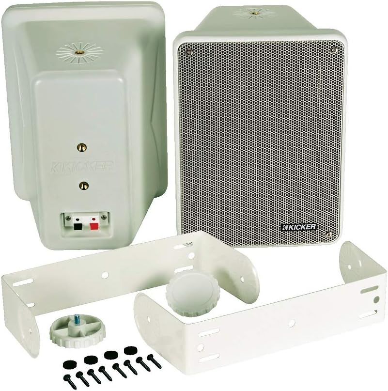 Kicker 46KB6G 2-Way Full Range Indoor Outdoor Weatherproof Speakers for Patio Garage Poolside In-Home, 6.5 inch woofer, 2x5 inch Horn Tweeter Gray 8 Ohm (Pair)