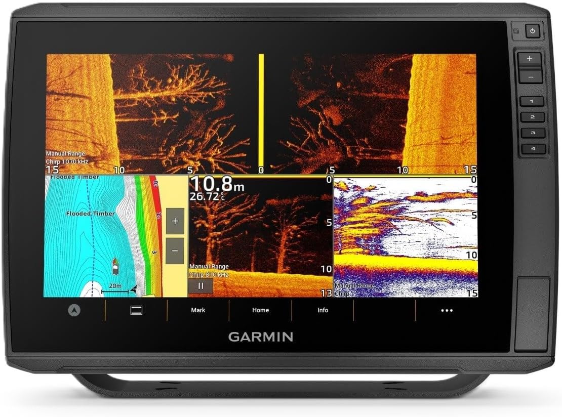Garmin marine navigation display with sonar and depth information