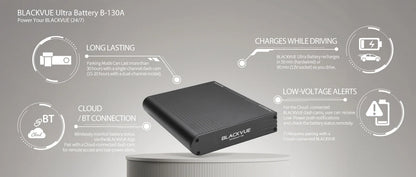 BlackVue Ultra Battery B-130A with features on a gray background