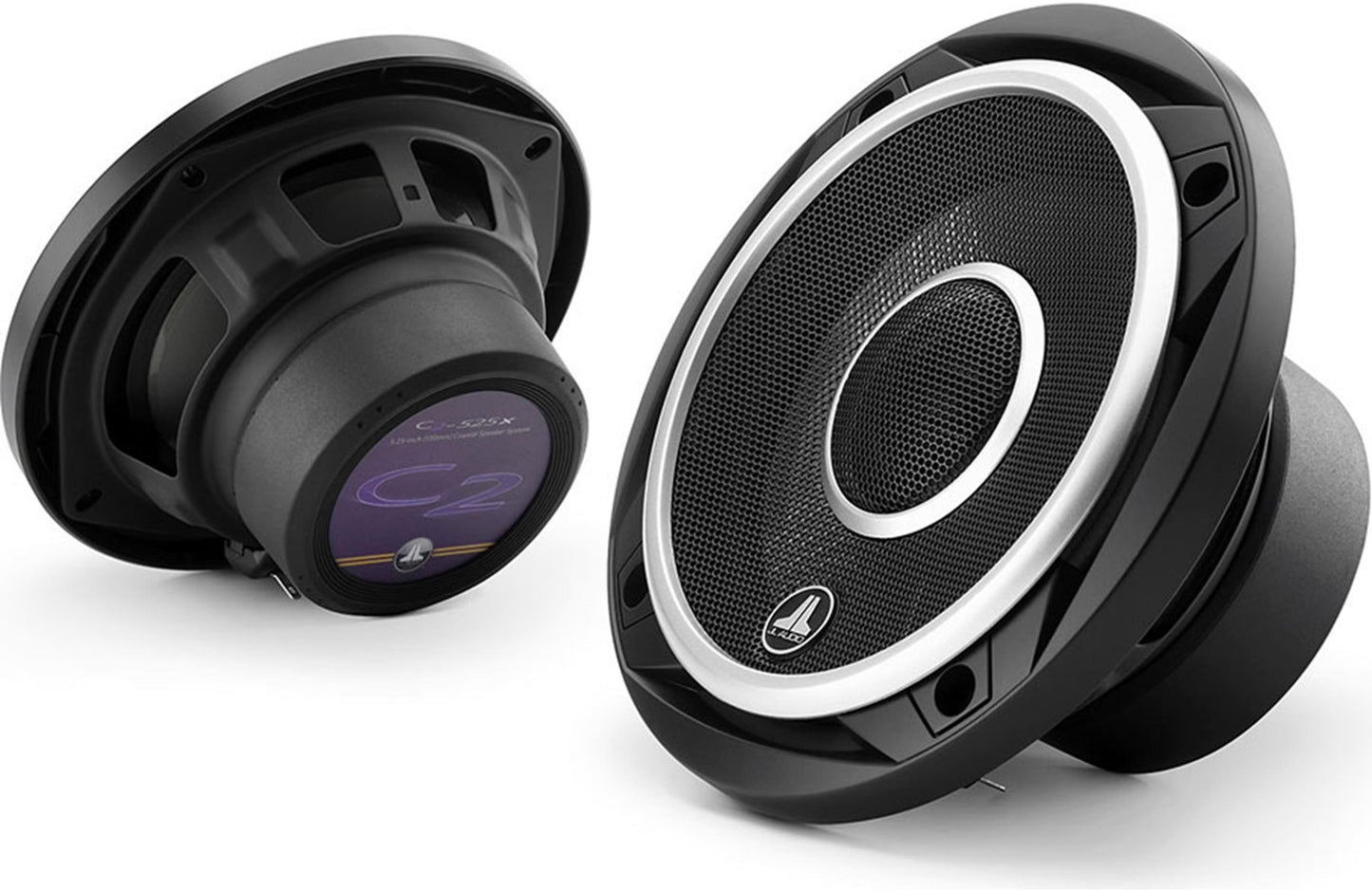 Two car speakers with visible brand logo