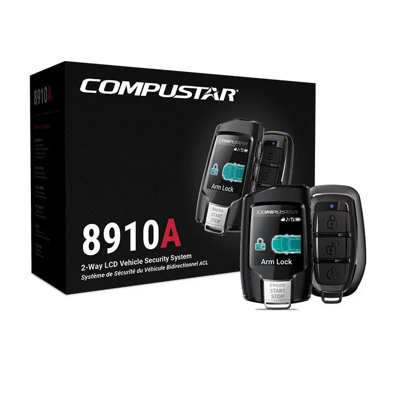 Compustar vehicle security system packaging with two remote controls on a white background