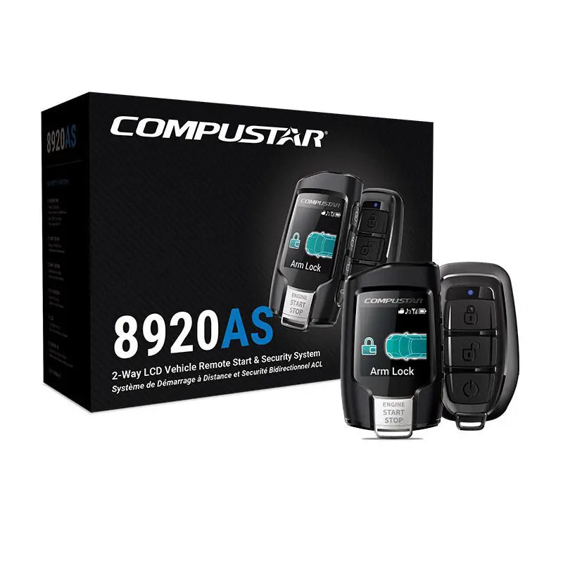 Compustar 8920AS vehicle security system packaging with remote controls on a white background