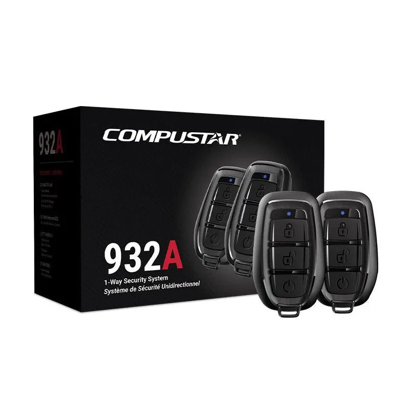 Compustar 932A security system packaging with remote controls on a white background