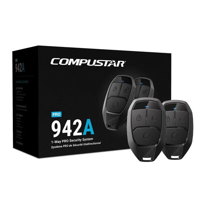 Compustar 942A security system packaging with remote controls on a white background