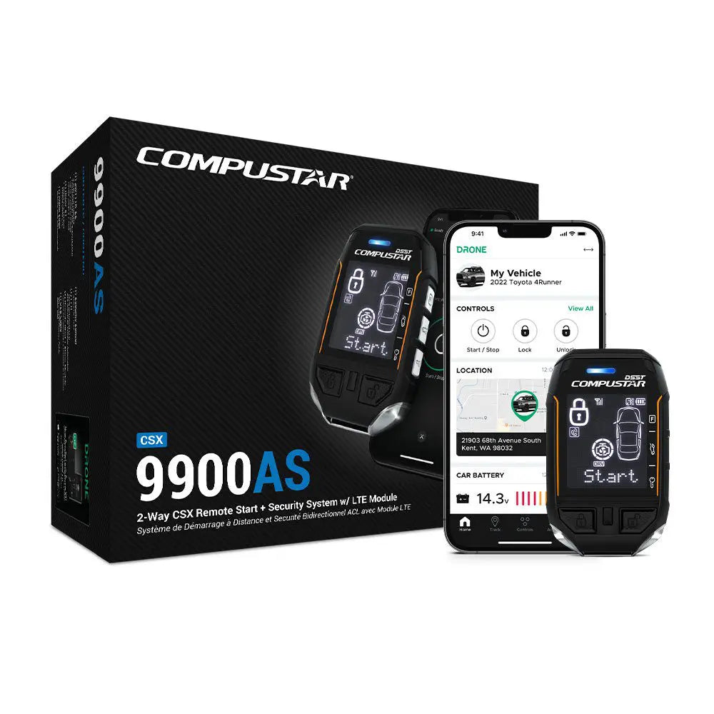 Compustar 9900AS remote start and security system packaging with smartphone display.