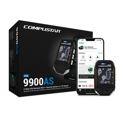 Compustar 9900AS remote start and security system packaging with smartphone display.