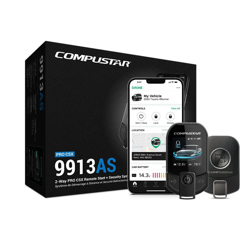 Compustar vehicle security system packaging with smartphone app interface displayed.