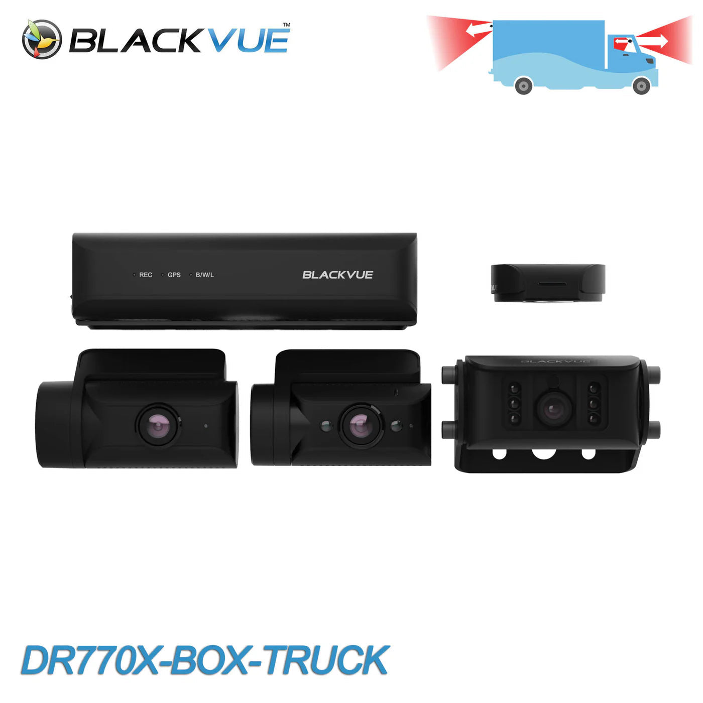 The image shows a BlackVue DR770X-BOX-TRUCK dash cam system, including three cameras connected through coaxial video cables to a central recording unit, against a white background.