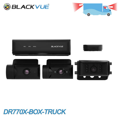 The image shows a BlackVue DR770X-BOX-TRUCK dash cam system, including three cameras connected through coaxial video cables to a central recording unit, against a white background.