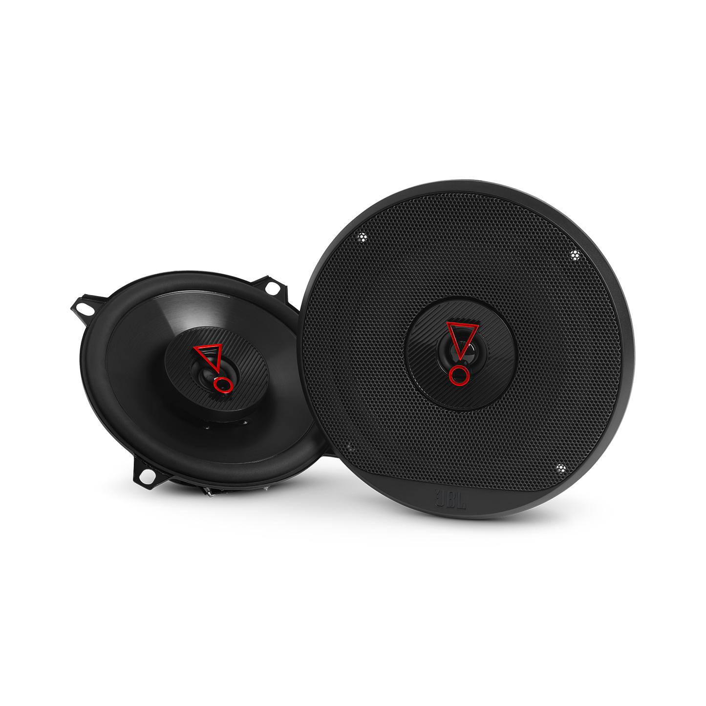 Two black car speakers with a brand logo