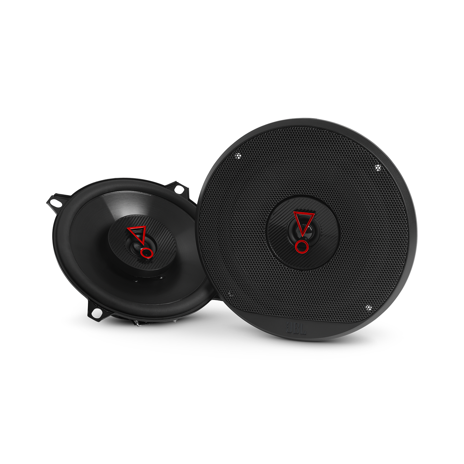 Two black car speakers with a brand logo