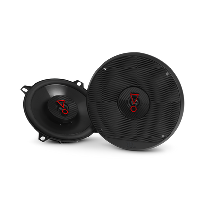 Two black car speakers with a brand logo