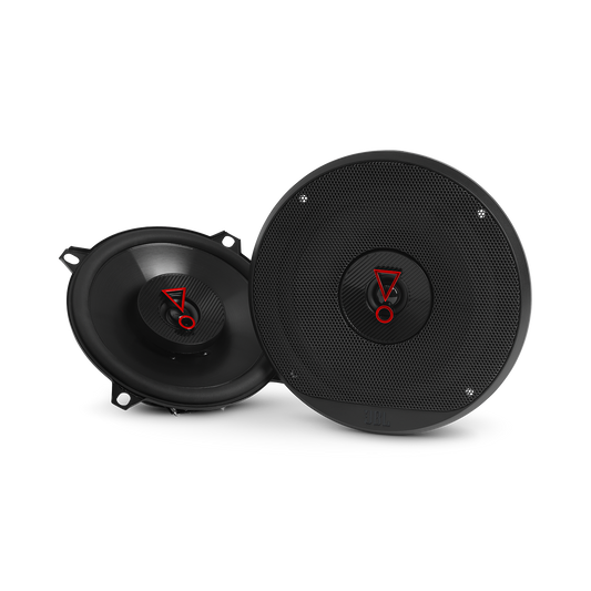 Two black car speakers with a brand logo