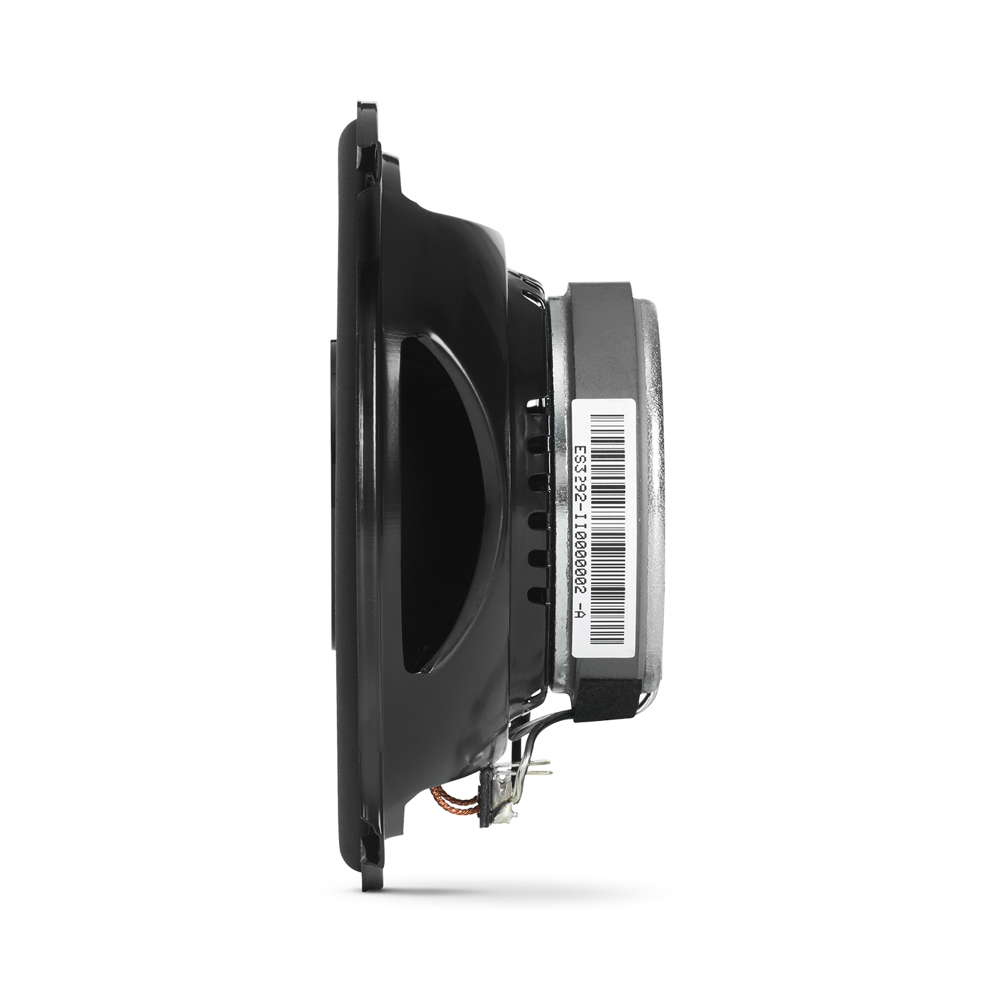 Black speaker with a barcode label