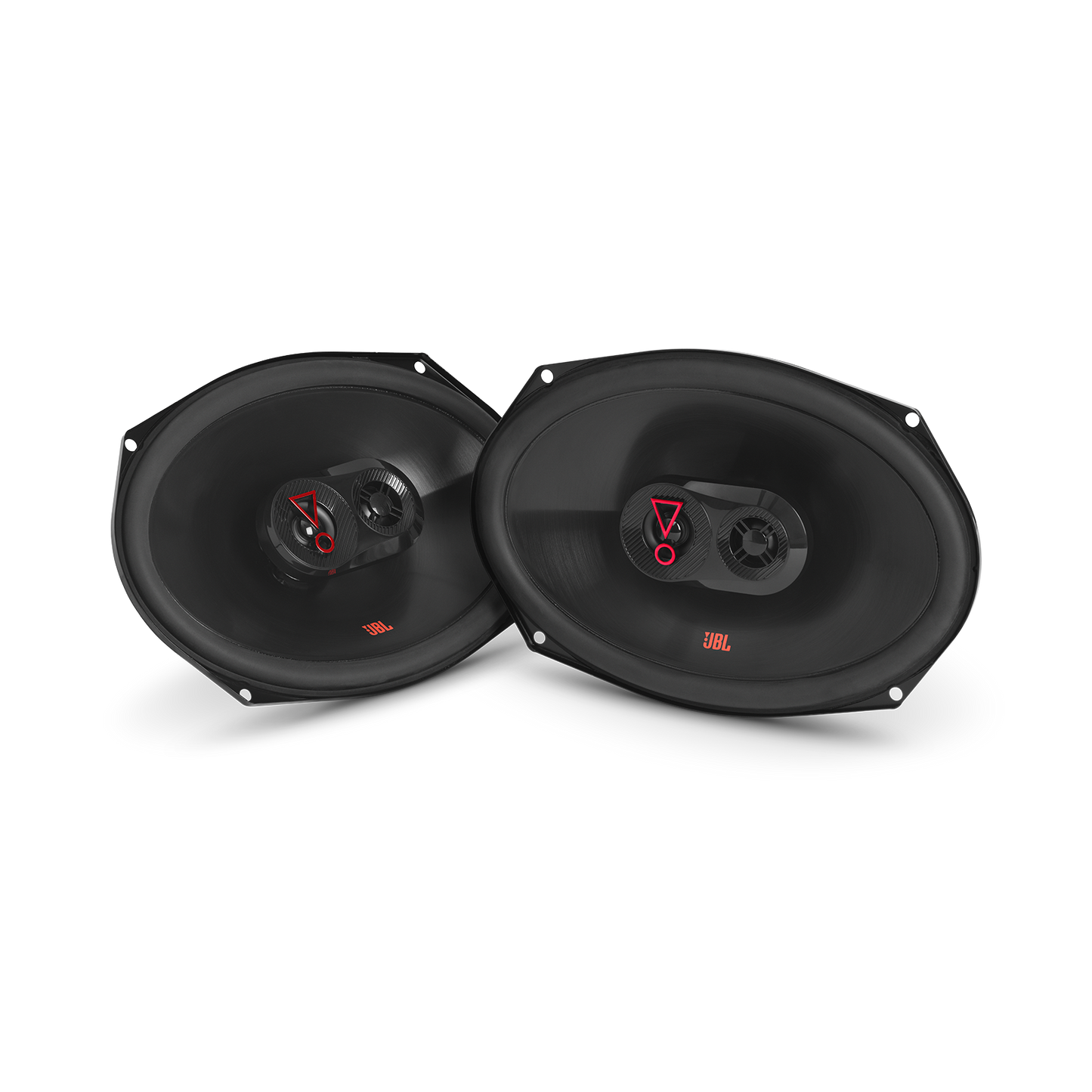 Pair of car speakers with visible brand logo