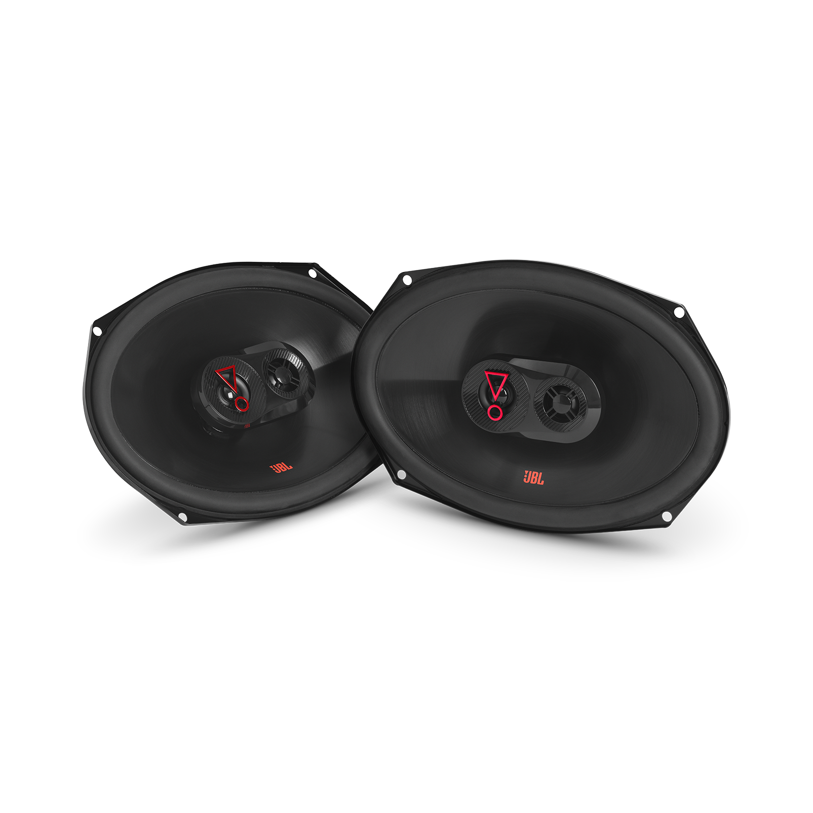 Pair of car speakers with visible brand logo