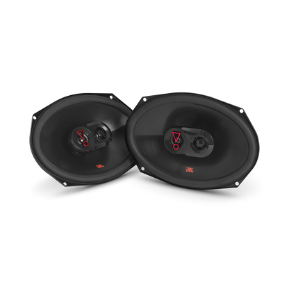 Pair of car speakers with visible brand logo