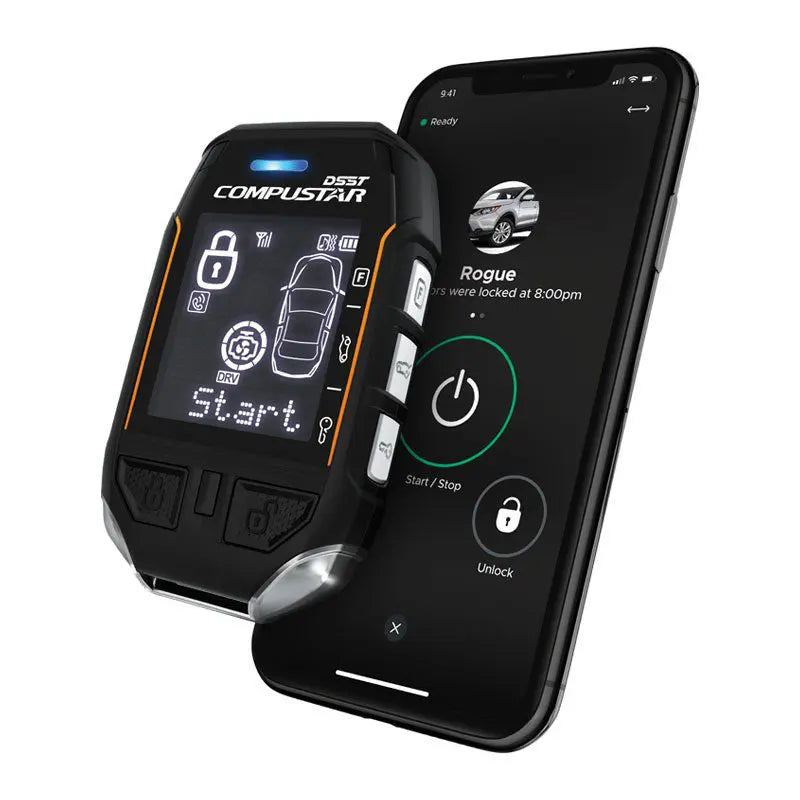 Car key fob and smartphone displaying Compustar app interface on a white background