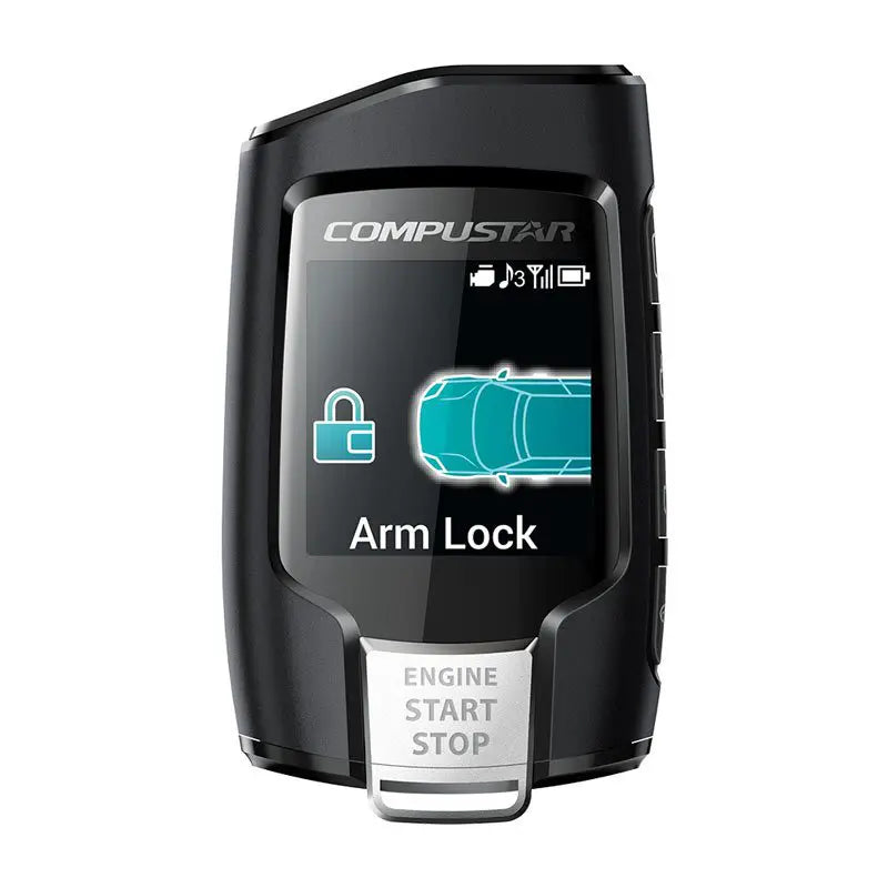 Car key fob with display and buttons on a white background