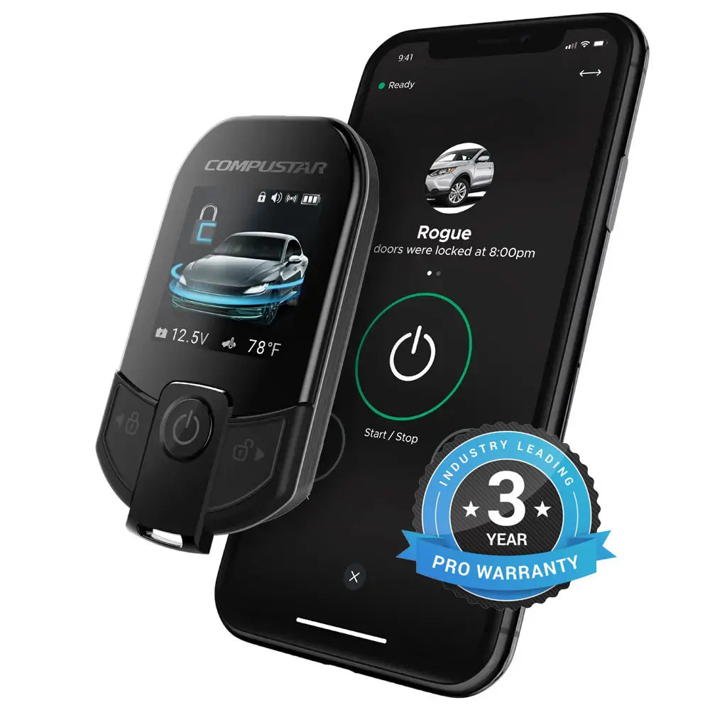 Car key fob and smartphone displaying app interface with Compustar branding and warranty badge.