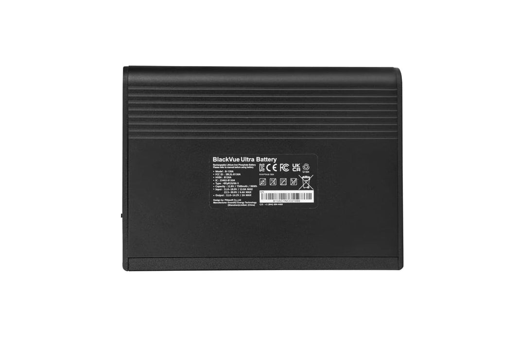 Black battery pack with visible branding on a white background