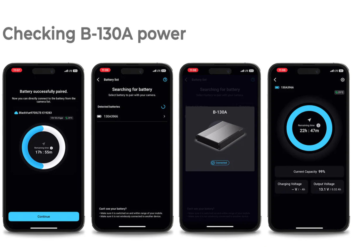 Four smartphone screens displaying a power check app with 'BlackVue North America' branding.