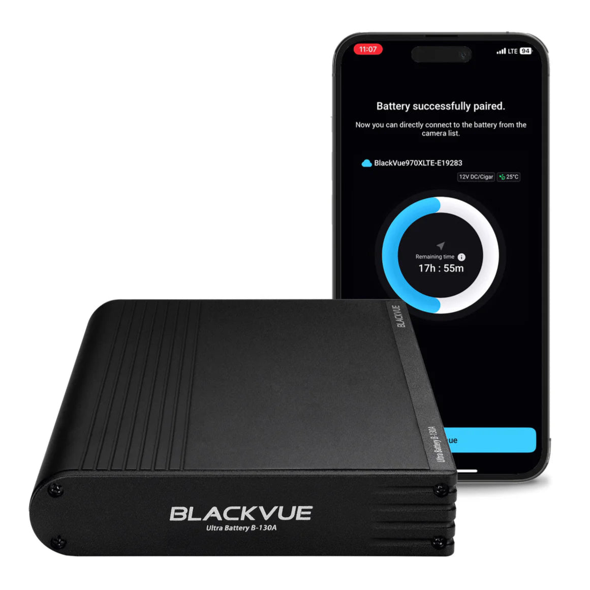 BlackVue battery pack with smartphone displaying battery information on a white background