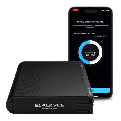 BlackVue battery pack with smartphone displaying battery information on a white background