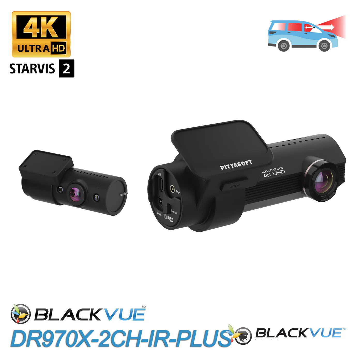 BlackVue DR970X-2CH-IR-PLUS dash cam set including a front and a rear camera, with 4K Ultra HD branding and Sony STARVIS 2 sensor.
