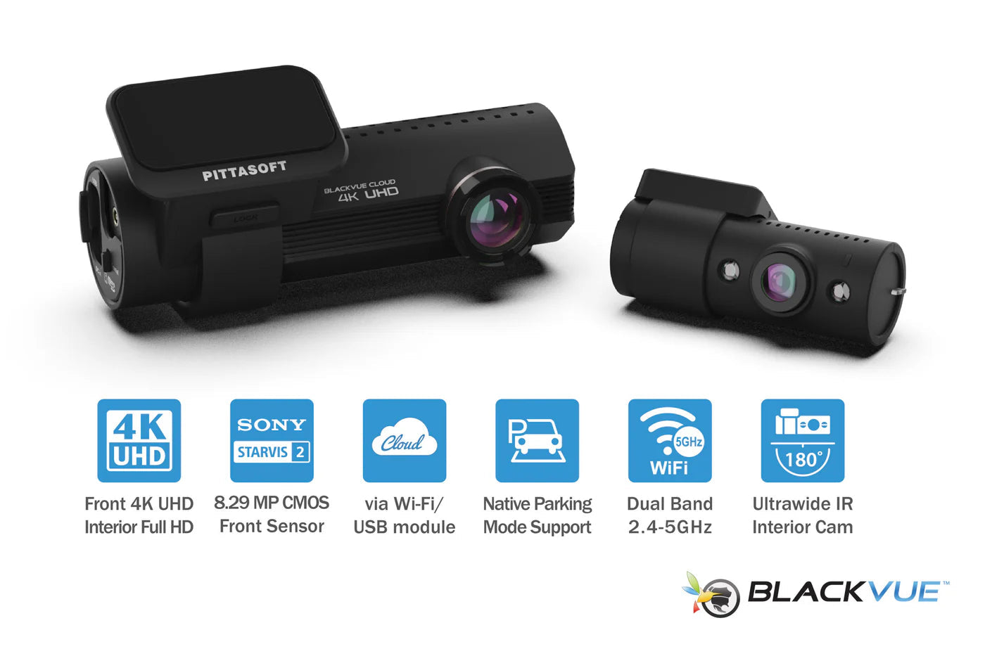 Two car dash cameras with features listed on a white background, including BlackVue branding.