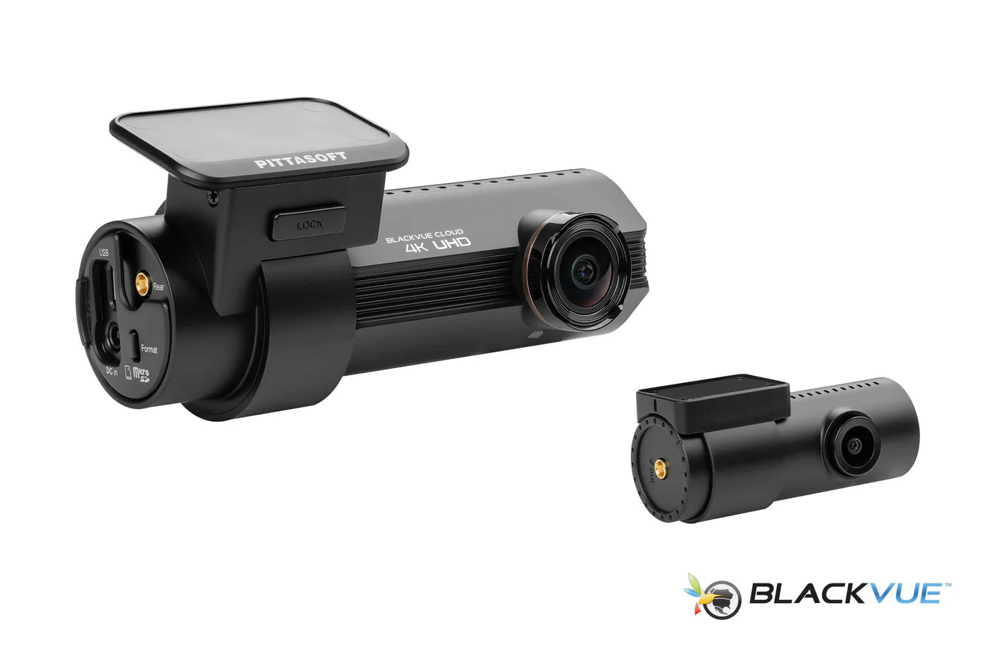 BlackVue car dashboard camera with additional camera on a white background