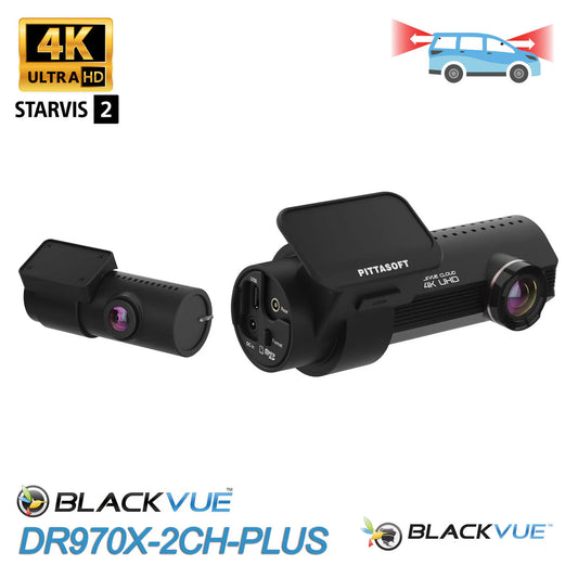 BlackVue DR970X-2CH-PLUS dash cam, showing front and rear cameras, in black color with 4K Ultra HD and Sony STARVIS 2 sensor text.