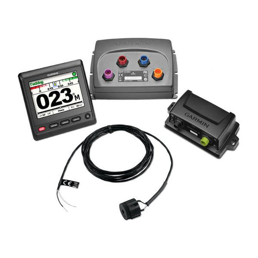 Garmin marine instruments including a display, control panel, and cable