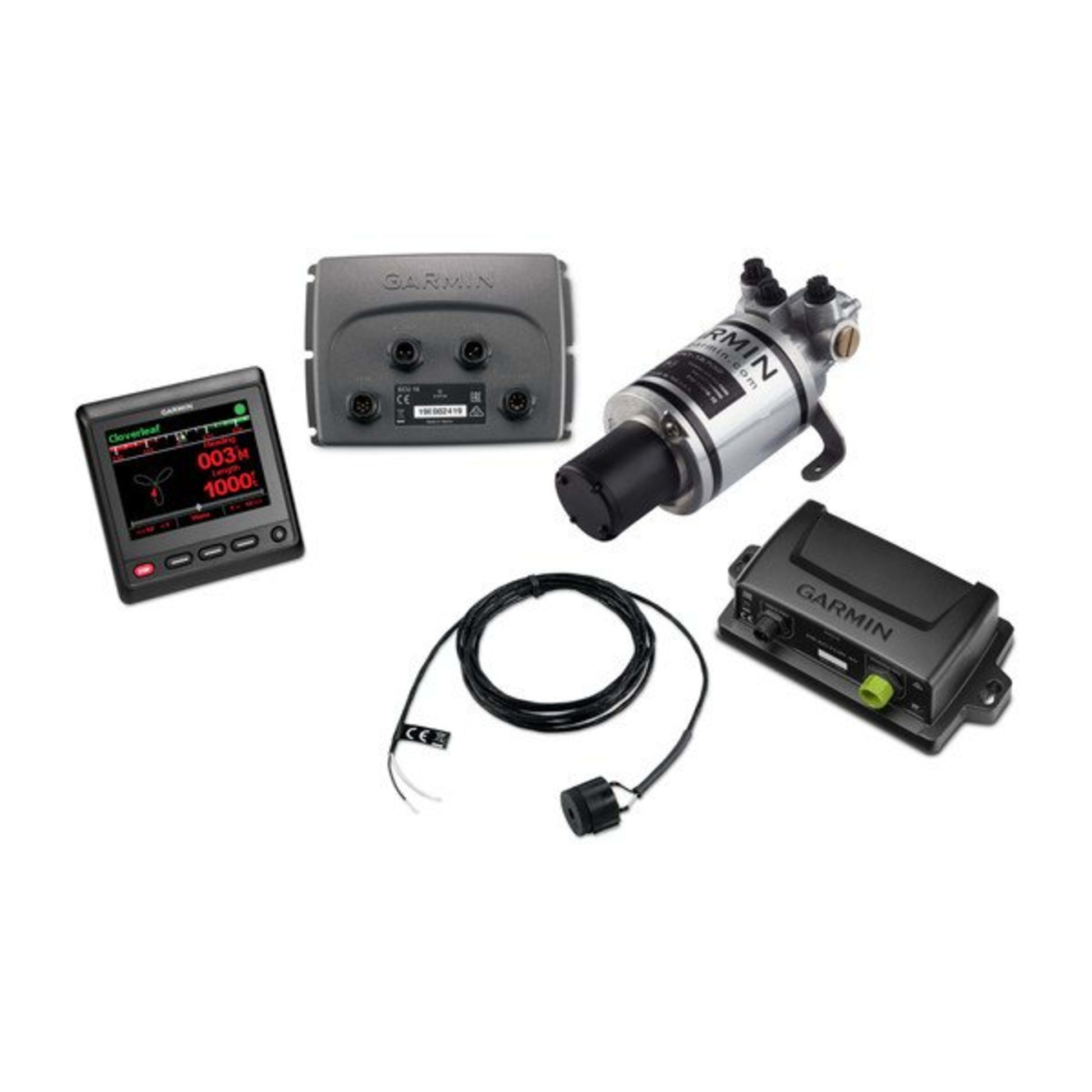 Garmin marine equipment including a display, control panel, pump, and sensor on a white background.