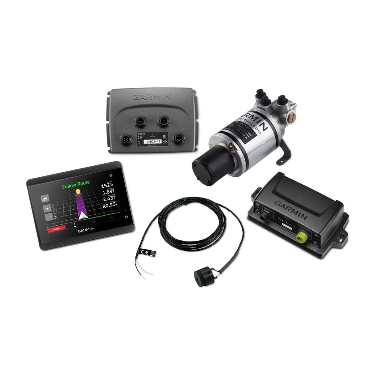 Collection of electronic devices including a screen, pump, and connectors on a white background