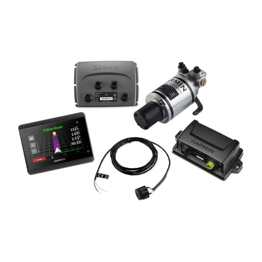 Collection of electronic devices including a screen, pump, and connectors on a white background